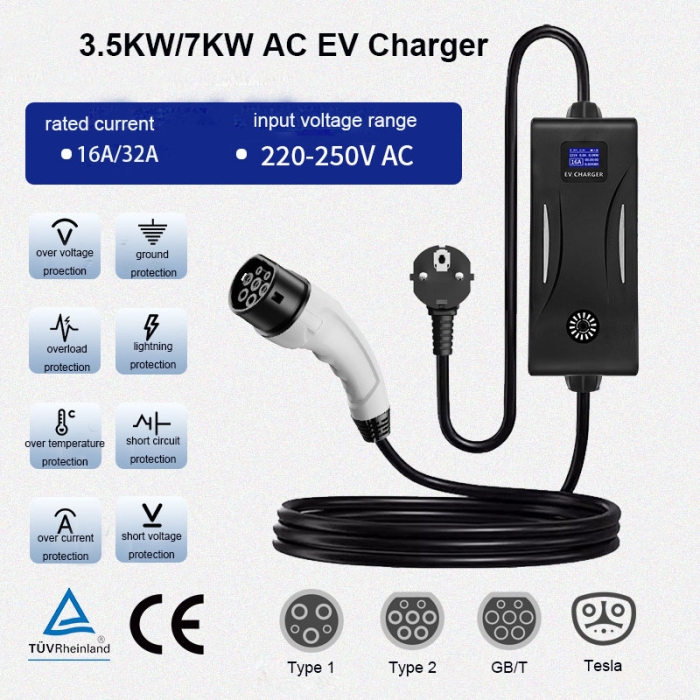 3.5KW 7KW AC EV Charger Type1 Type2 GB/T Tesla